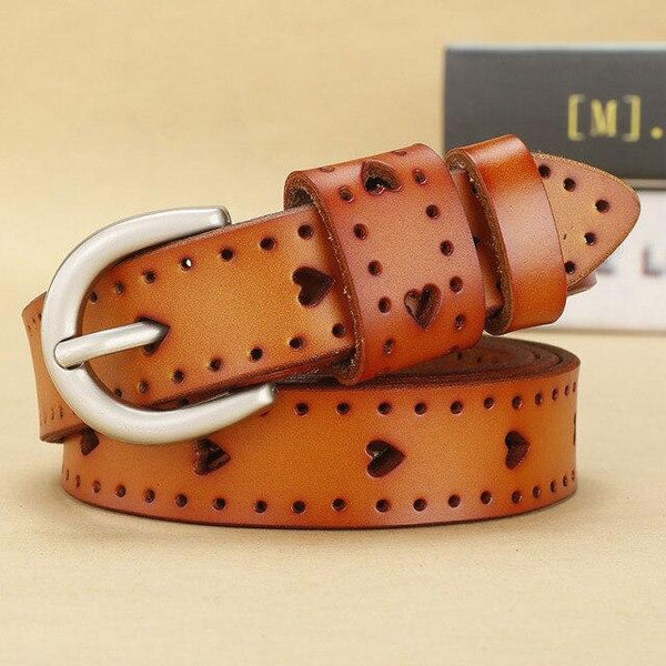 Women's Geometric Pattern Hollow Out Genuine Leather Strap Metal Buckle Belt - SolaceConnect.com