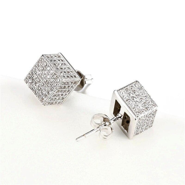 Women's Gold Color Micro Pave Iced out Crystal 3D Square Stud Earrings  -  GeraldBlack.com