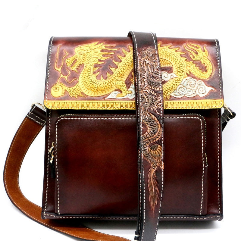 Women's Hand-carved Chinese Dragon Vegetable Tanned Leather Hand Bag  -  GeraldBlack.com