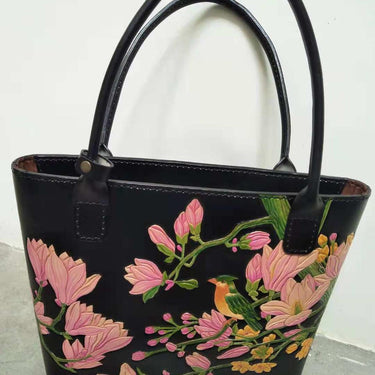 Women's Hand Carving Magnolia Genuine Leather Bucket Handbags  -  GeraldBlack.com