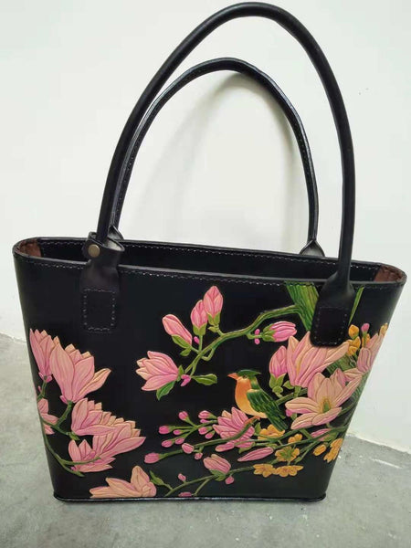 Women's Hand Carving Magnolia Genuine Leather Bucket Handbags  -  GeraldBlack.com