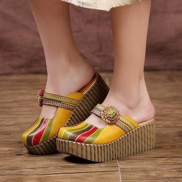 Women's Handmade Flower Slides Cover Toes Thick Heel Platform Slippers  -  GeraldBlack.com
