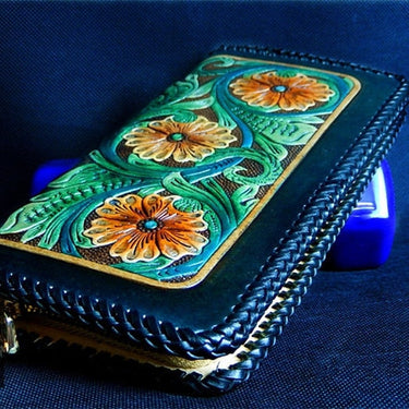 Women's Handmade Genuine Leather Knitting Zipper Flower Design Wallets  -  GeraldBlack.com