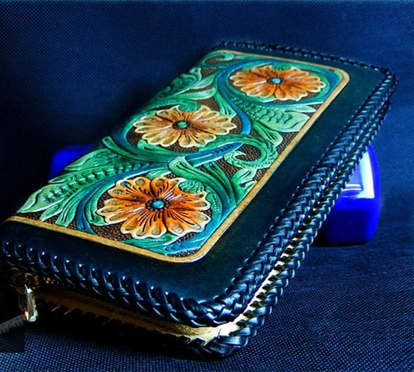 Women's Handmade Genuine Leather Knitting Zipper Flower Design Wallets  -  GeraldBlack.com