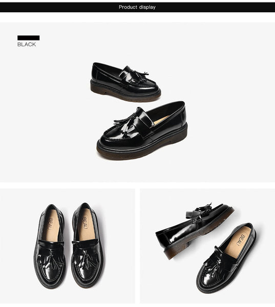 Women's Handmade Genuine Leather Round Toe Slip-on Flats Tassel Loafers - SolaceConnect.com
