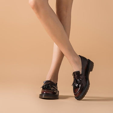 Women's Handmade Genuine Leather Round Toe Slip-on Flats Tassel Loafers  -  GeraldBlack.com