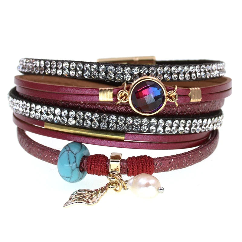 Women's Handmade Leather Fashion Glass Stone Beads Charm Bohemian Bracelets  -  GeraldBlack.com