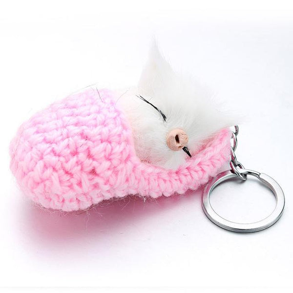 Women's Handmade Synthetic Rabbit Fur Sleeping Cat Pompom Key Chains - SolaceConnect.com
