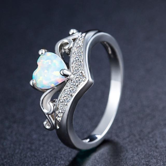 Women's Heart Shape Shiny Opals CZ Crystal Silver Fashion Engagement Ring - SolaceConnect.com