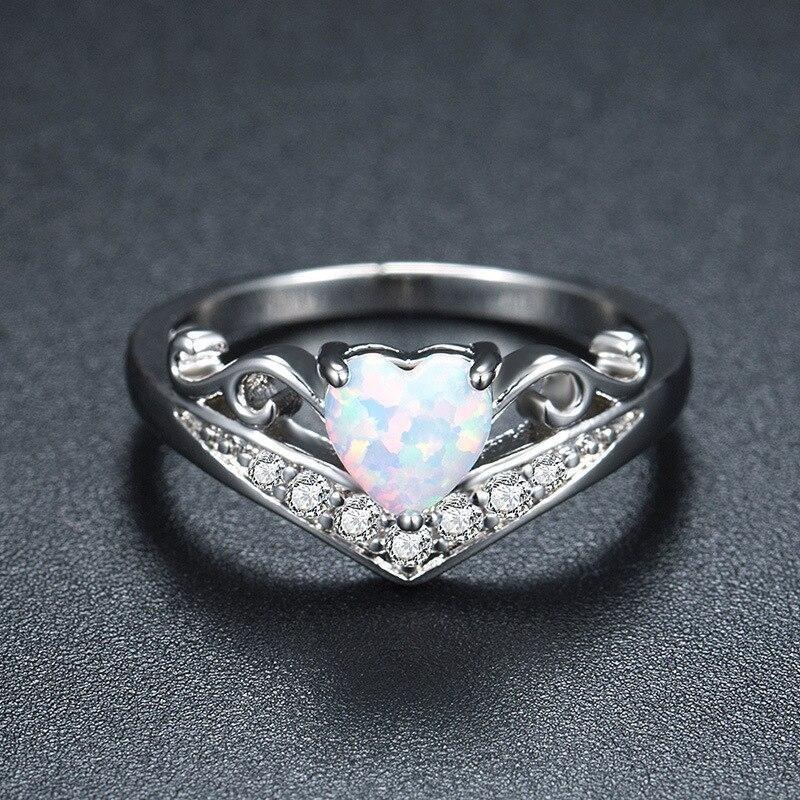 Women's Heart Shape Shiny Opals CZ Crystal Silver Fashion Engagement Ring  -  GeraldBlack.com