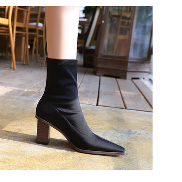 Women's Heel Small Square Head Silk Elastic Lycra Slim Short Designer Boots  -  GeraldBlack.com