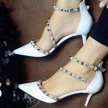 Women's High Heels Sexy Pointed Toe Nude Pumps with Buckle & Rivets - SolaceConnect.com