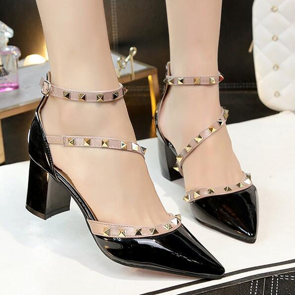 Women's High Heels Sexy Pointed Toe Nude Pumps with Buckle & Rivets - SolaceConnect.com