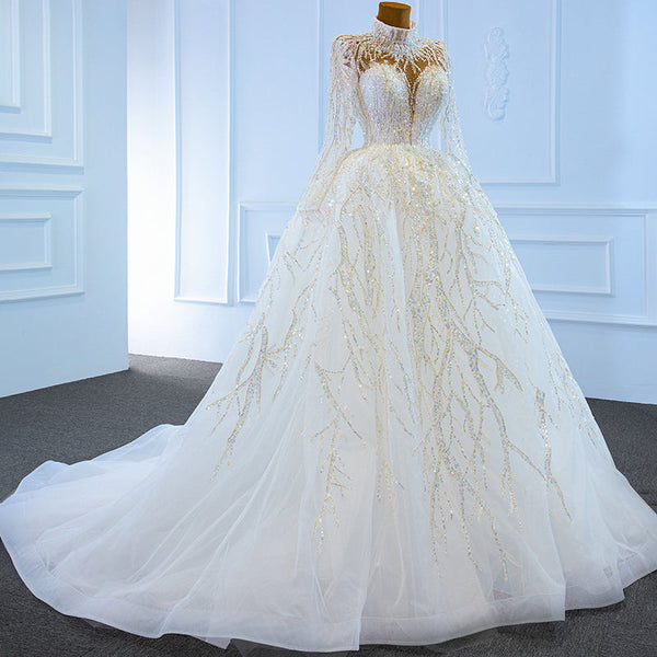 Women's High Neck Full Sleeve Floor Length Lace Wedding Dresses  -  GeraldBlack.com