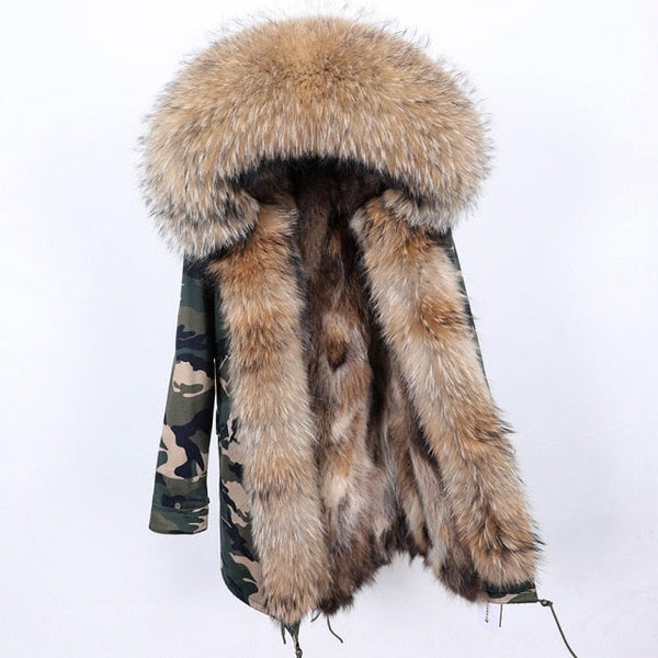 Women's High Street Style Natural Raccoon Fur Collar Long Winter Jacket  -  GeraldBlack.com