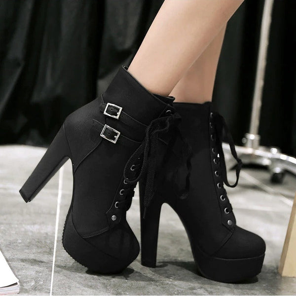 Women's High Thin Heels Lace Up Ankle Length Motorcycle Boots  -  GeraldBlack.com