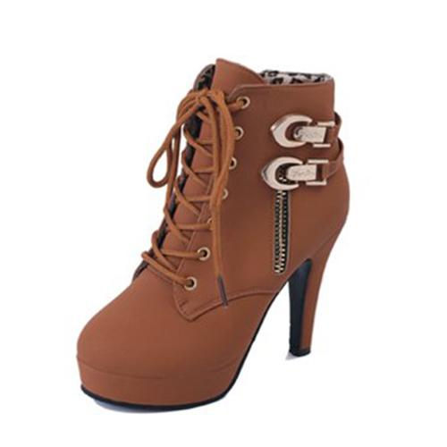 Women's High Thin Heels Lace Up Ankle Length Motorcycle Boots - SolaceConnect.com