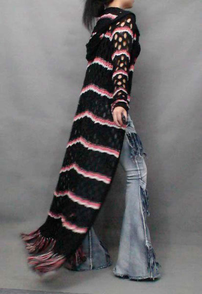 Women's Hollow Out Striped Long Maxi Trench With A Hood Tassels - SolaceConnect.com
