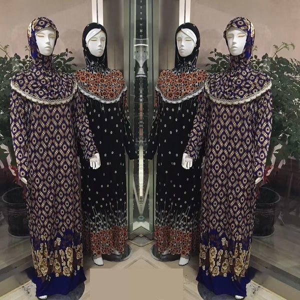 Ice Silk Lace Muslim Prayer Garment Printing Flower Hijab Women's Outwear With Hats Islam Abaya - SolaceConnect.com