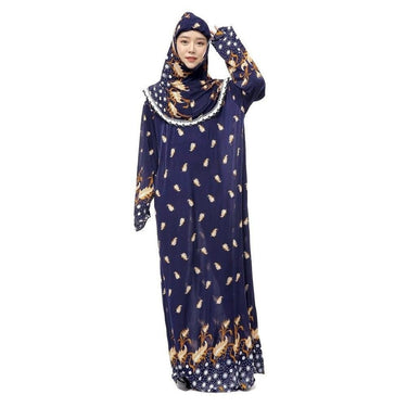 Women's Ice Silk Lace Floral Printing Muslim Prayer Garment Abaya with Hat  -  GeraldBlack.com