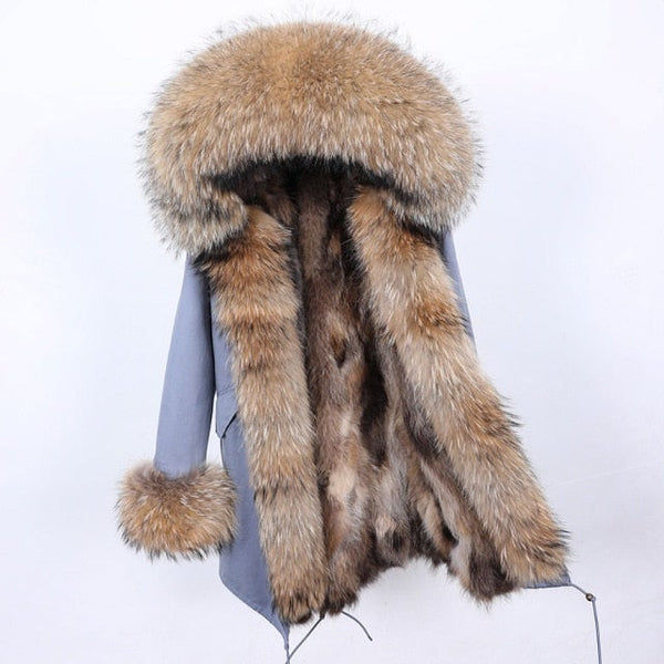 Women's Jacket with Contrast Natural Raccoon Fur in Collar Hood and Sleeves  -  GeraldBlack.com