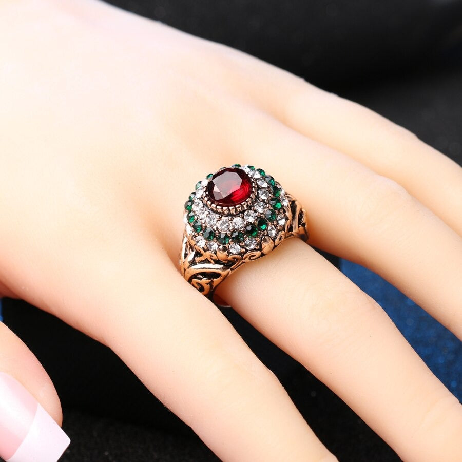 Women's Jewelry Turkish Gold Color Golden Crown Green Crystal Red Rings  -  GeraldBlack.com