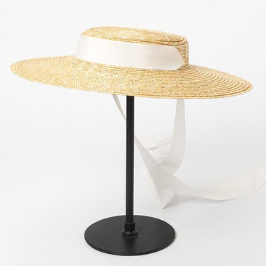 2019 Women's Kentucky Derby White Straw Summer Flat Wide Brim Boater Hat - SolaceConnect.com