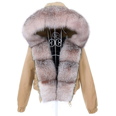 Women's Khaki color Full-Sleeved Natural Raccoon Fur Collared Winter Jacket  -  GeraldBlack.com