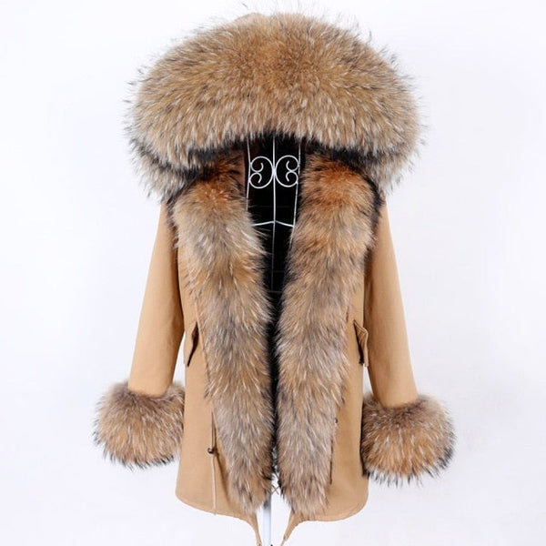 Women's Khaki Color Natural Real Fur Collared Coat Parka Jacket for Winter  -  GeraldBlack.com