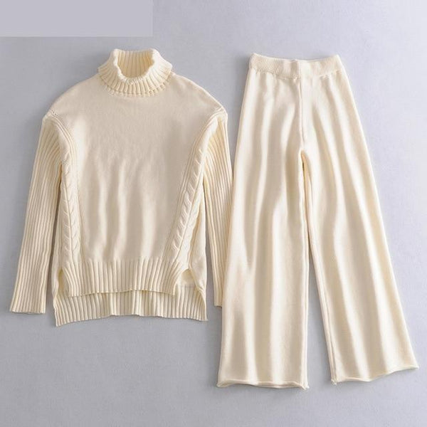 Women's Knitted Turtleneck Side Split Pullover Wide Leg Pants Sweater 2pcs Set - SolaceConnect.com