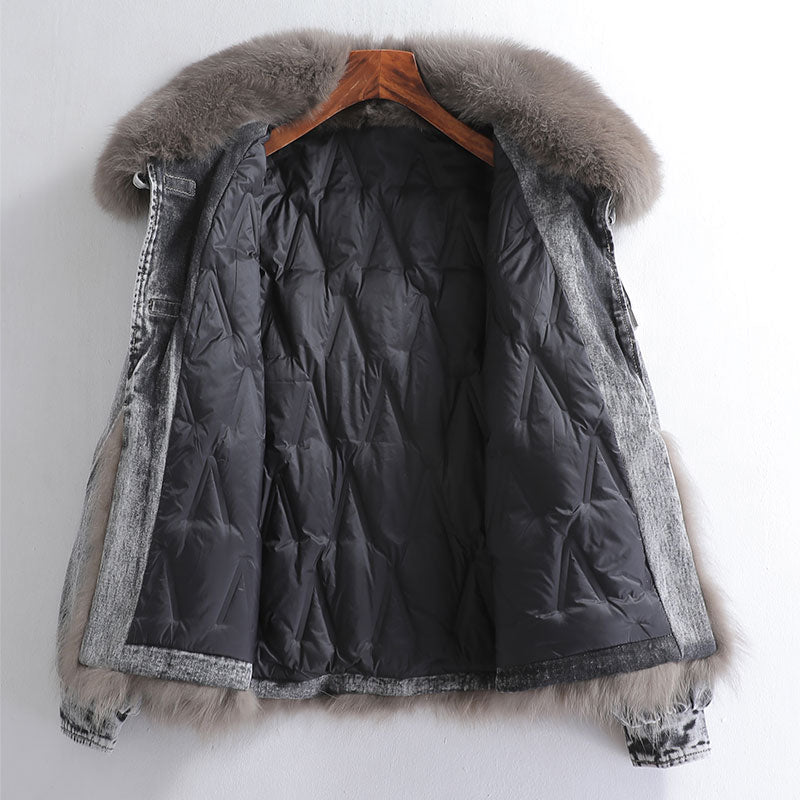 Women's Korean Fashion Denim Patchwork Real Raccoon Fur Short Coat  -  GeraldBlack.com