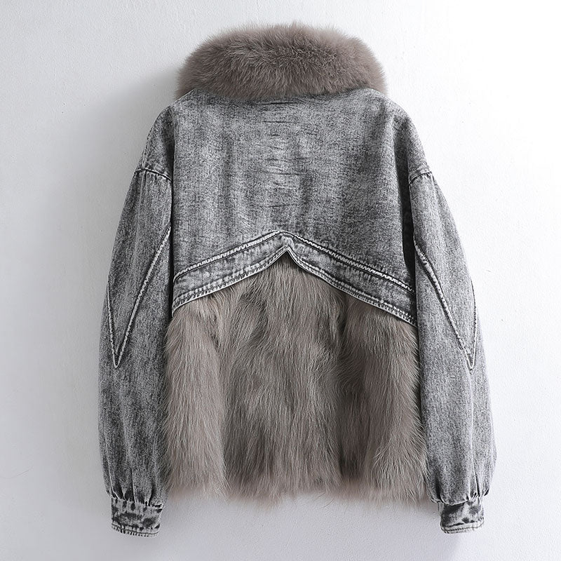 Women's Korean Fashion Denim Patchwork Real Raccoon Fur Short Coat  -  GeraldBlack.com
