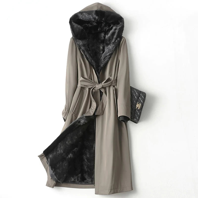 Women's Korean Fashion Mink Liner Hooded Fur Belt Long Coats  -  GeraldBlack.com
