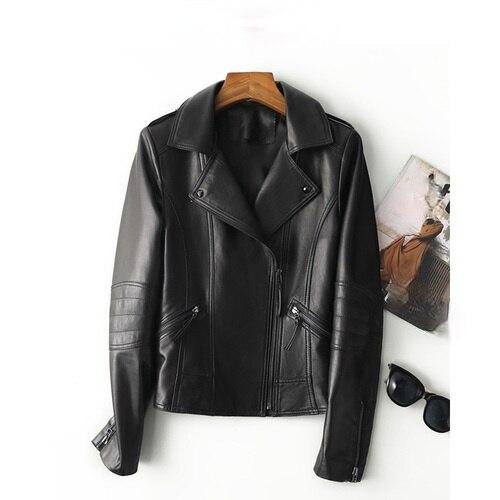 Women's Korean Genuine Sheepskin Leather Short Motorcycle Jacket - SolaceConnect.com