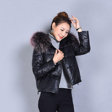 Women's Korean Style Sheepskin Leather Fox Fur Collar Jacket for Winter  -  GeraldBlack.com
