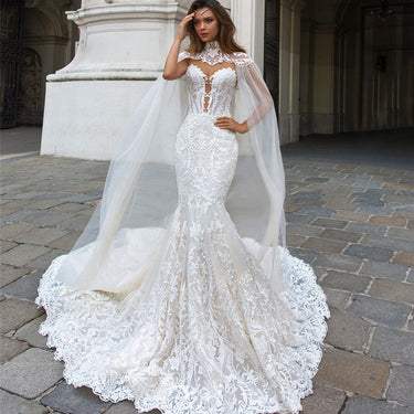Women's Lace Mermaid Sleeveless Floor Length Wedding Dress with Cape  -  GeraldBlack.com