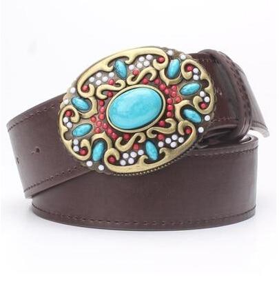 Women's Leather Metal Buckle Belts with Inlaid Colored Gemstones - SolaceConnect.com