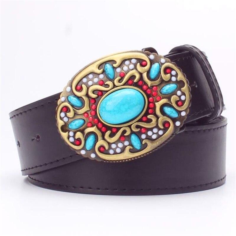 Women's Leather Metal Buckle Belts with Inlaid Colored Gemstones  -  GeraldBlack.com