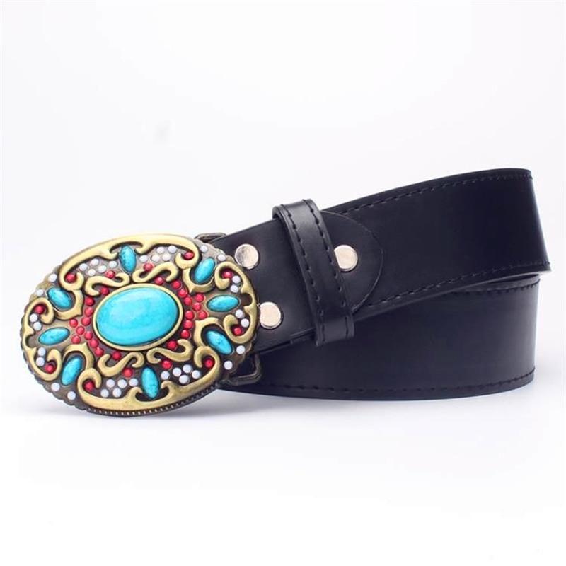 Women's Leather Metal Buckle Belts with Inlaid Colored Gemstones  -  GeraldBlack.com