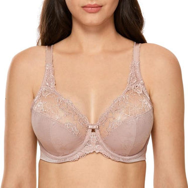Women's Light Brown Floral Lace Full Figure Non Padded Minimizer Underwire Bra - SolaceConnect.com
