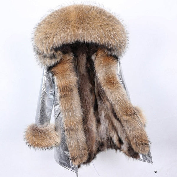 Women's Long Jacket with Contrast Raccoon Fur in Collar Hood and Sleeves  -  GeraldBlack.com