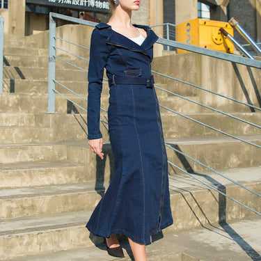 Women's Long Mid-Calf Turn-down Collar Trench Dress with Belt - SolaceConnect.com