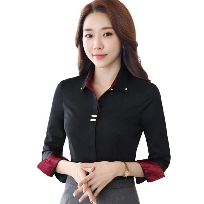 Women's Long Sleeve Shirt Black White Slim Patchwork Sequined Blouse  -  GeraldBlack.com