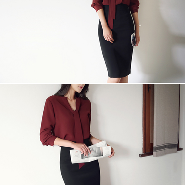Women's Long-Sleeved Bow Tie Collar Loose Chiffon Solid Blouse - SolaceConnect.com