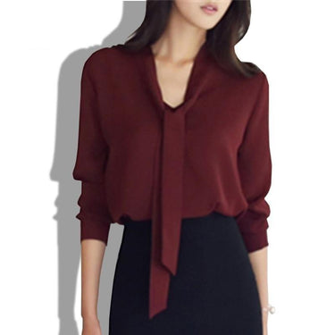 Women's Long-Sleeved Bow Tie Collar Loose Chiffon Solid Blouse  -  GeraldBlack.com