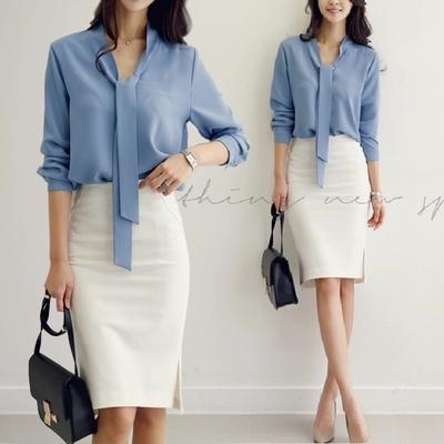 Women's Long-Sleeved Bow Tie Collar Loose Chiffon Solid Blouse - SolaceConnect.com