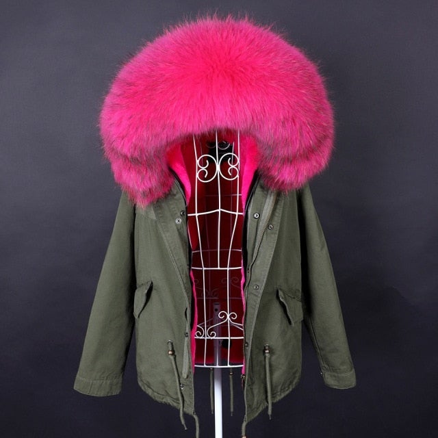 Women's Long Sleeved Winter Jacket with Natural Raccoon Fur Collar  -  GeraldBlack.com