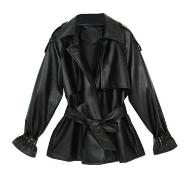 Women's Loose Soft Synthetic Leather Jacket Black Turn Down Collar Streetwear - SolaceConnect.com