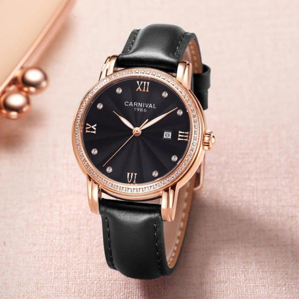 Women's Luxury Automatic Date Rhinestone Mechanical Leather Dress Watch  -  GeraldBlack.com
