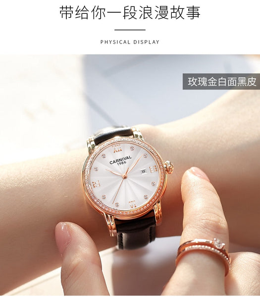 Women's Luxury Automatic Date Rhinestone Mechanical Leather Dress Watch  -  GeraldBlack.com